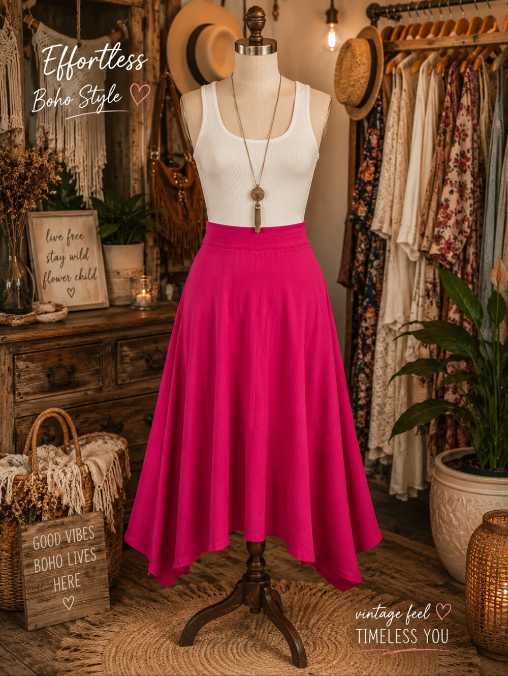 Vintage 80 SUNNY LEIGH Boho Midi Skirt in Fuchsia Pink rayon Skirt Medium